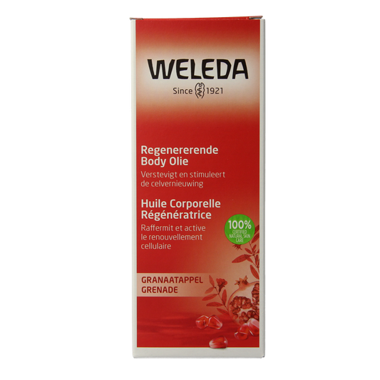 Weleda Granaatappel regenererende lichaamsolie in 100ml bottle, featuring natural ingredients for skin nourishment.
