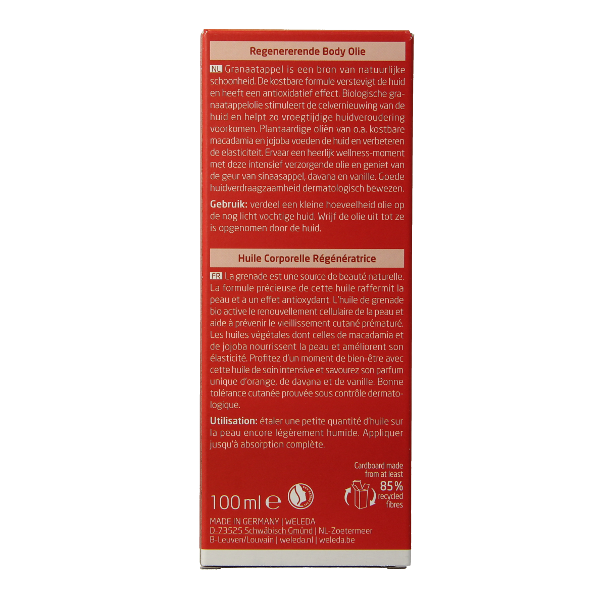 Weleda Granaatappel regenerating body oil in a 100ml bottle, natural skincare for nourishing and revitalizing the skin.