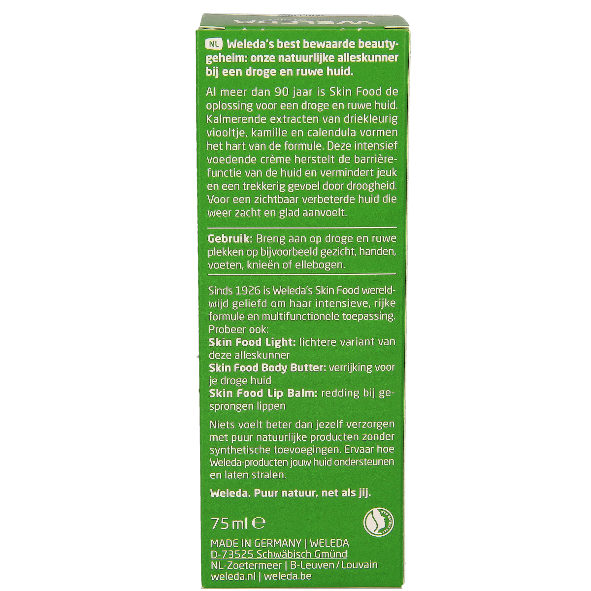 Weleda Skin Food body care cream in a 75ml tube, suitable for nourishing and moisturizing skin.