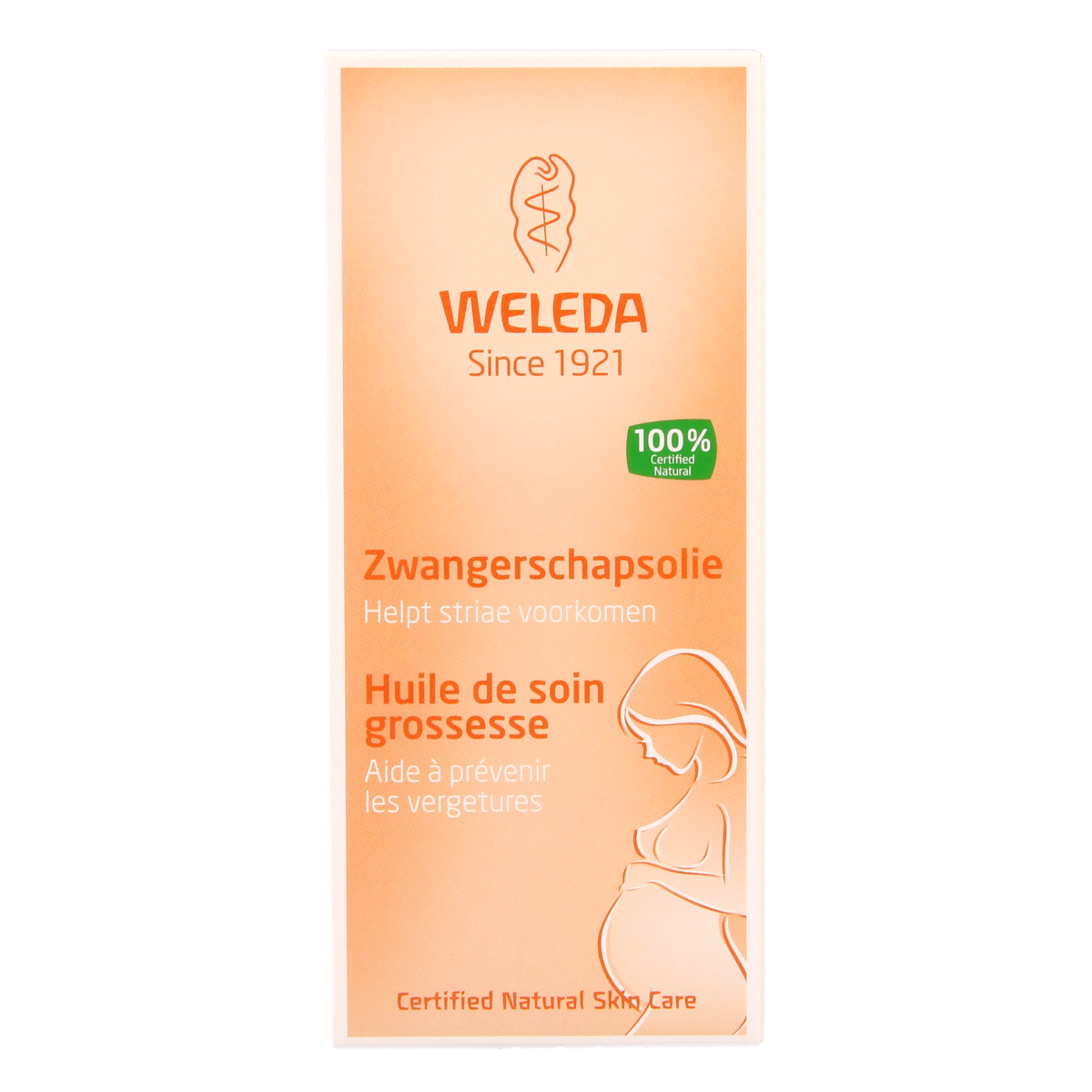 Weleda Mama zwangerschapsolie in a 100ml bottle, natural body care product for pregnancy skin care, with a clear label and pump.