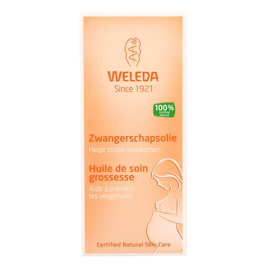 Weleda Mama zwangerschapsolie in a 100ml bottle, natural body care product for pregnancy skin care, with a clear label and pump.
