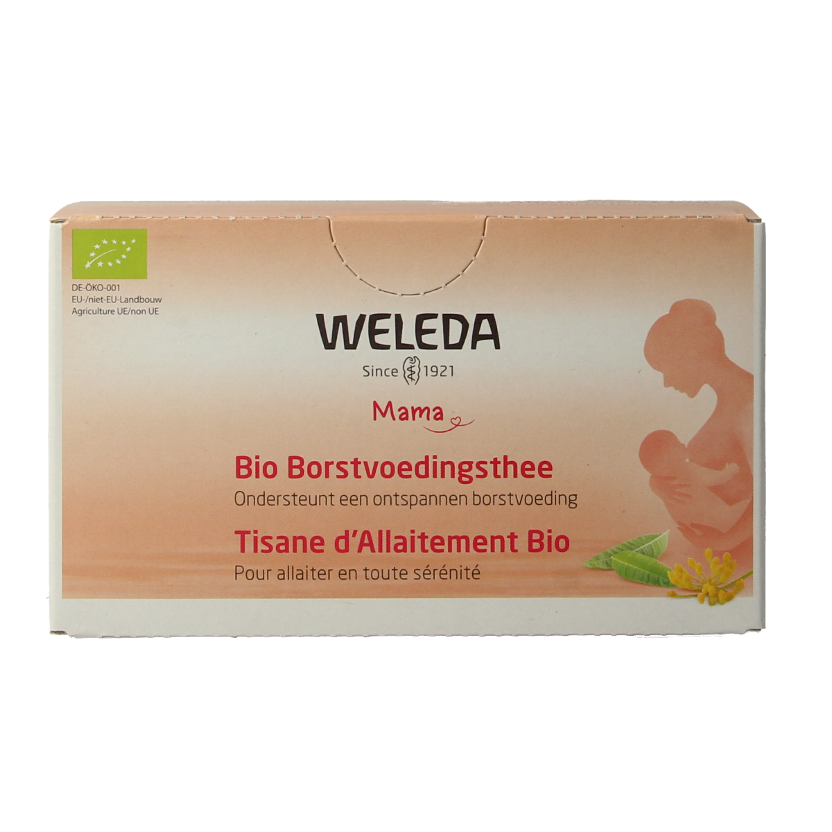 Organic Weleda Mama breastfeeding tea in a box of 20 tea bags, featuring herbal blend for nursing mothers.
