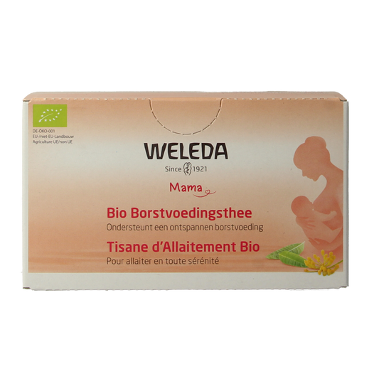 Organic Weleda Mama breastfeeding tea in a box of 20 tea bags, featuring herbal blend for nursing mothers.