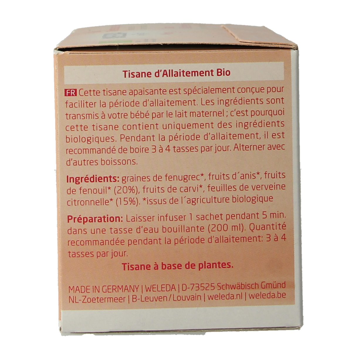 Organic Weleda Mama breastfeeding tea in a box with 20 tea bags, featuring herbal blend for nursing mothers.