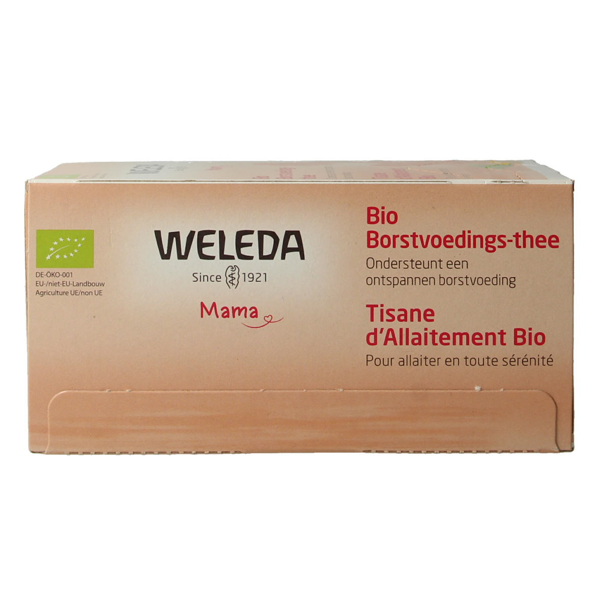 Organic Weleda Mama breastfeeding tea in a box with 20 tea bags, featuring herbal ingredients for nursing mothers.