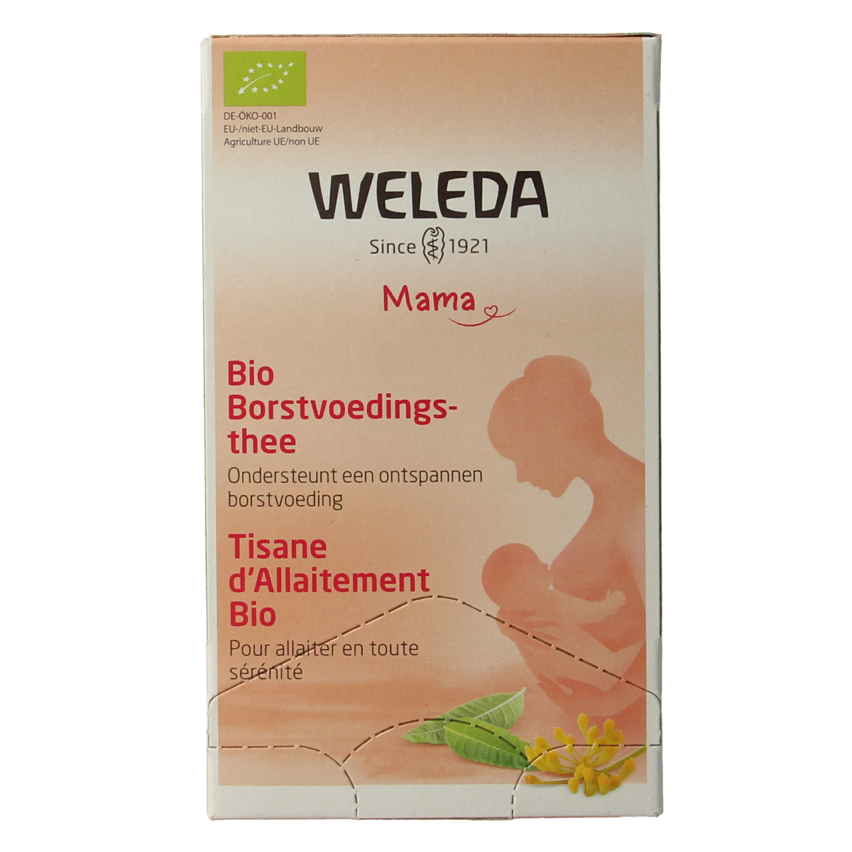 Organic Weleda Mama breastfeeding tea in 20 tea bags, herbal blend for nursing mothers, displayed in a clear box with tea leaves.