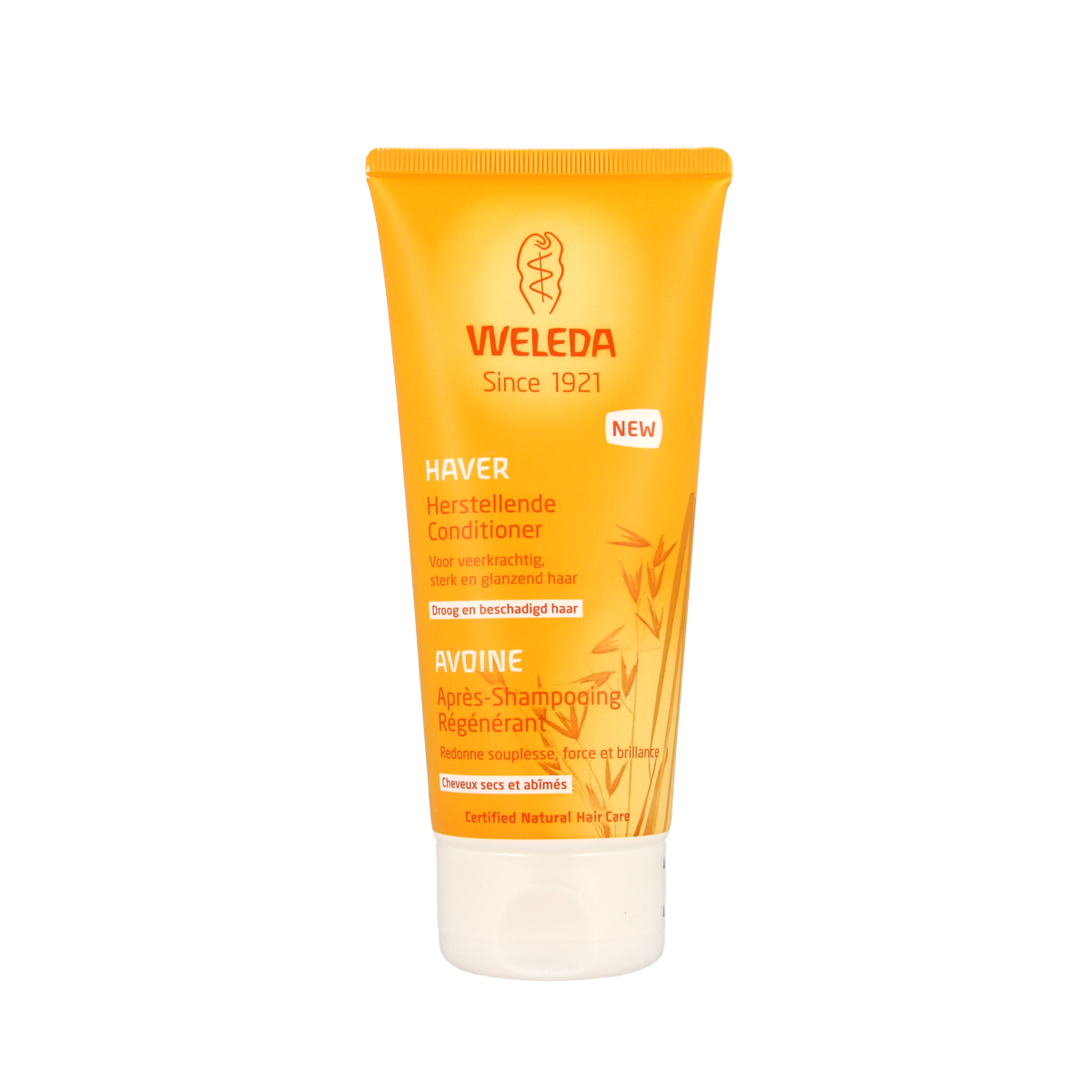 Weleda Haver herstellende conditioner for hair, 200ml, in a white bottle with a blue cap, suitable for nourishing hair care.