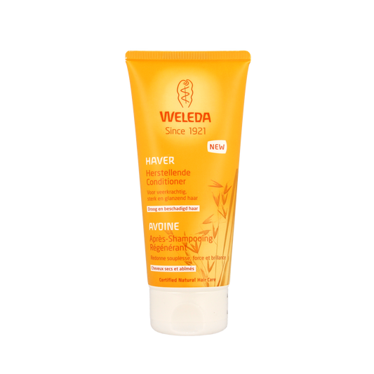 Weleda Haver herstellende conditioner for hair, 200ml, in a white bottle with a blue cap, suitable for nourishing hair care.
