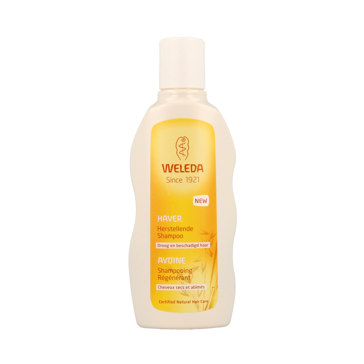 Weleda Haver herstellende shampoo 190ml in a clear bottle with a white cap, designed for nourishing hair care.
