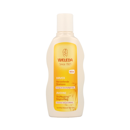 Weleda Haver herstellende shampoo 190ml in a clear bottle with a white cap, designed for nourishing hair care.