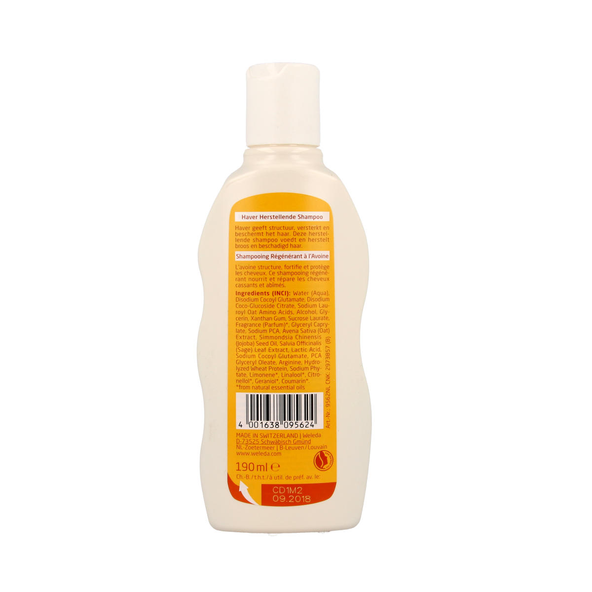 Weleda Haver herstellende shampoo bottle, 190 ml, in a natural haircare product image with a white and beige packaging design.