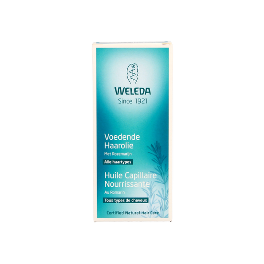 Weleda nourishing hair oil 50ml in a clear bottle with dropper, designed for hair care and nourishment.