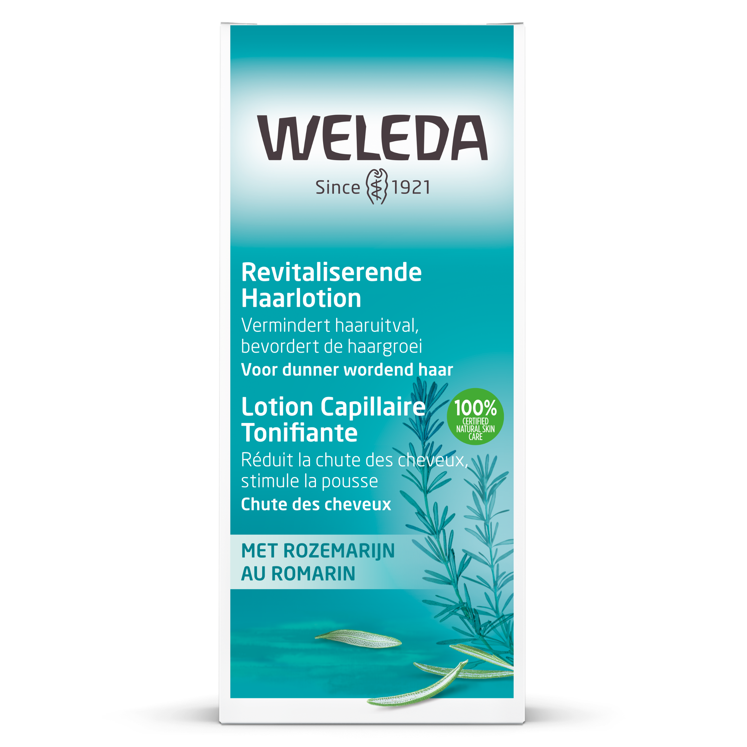 Weleda Revitaliserend haarlotion bottle, 100ml, for hair care, with a white and green label and applicator cap.