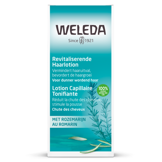 Weleda Revitaliserend haarlotion bottle, 100ml, for hair care, with a white and green label and applicator cap.