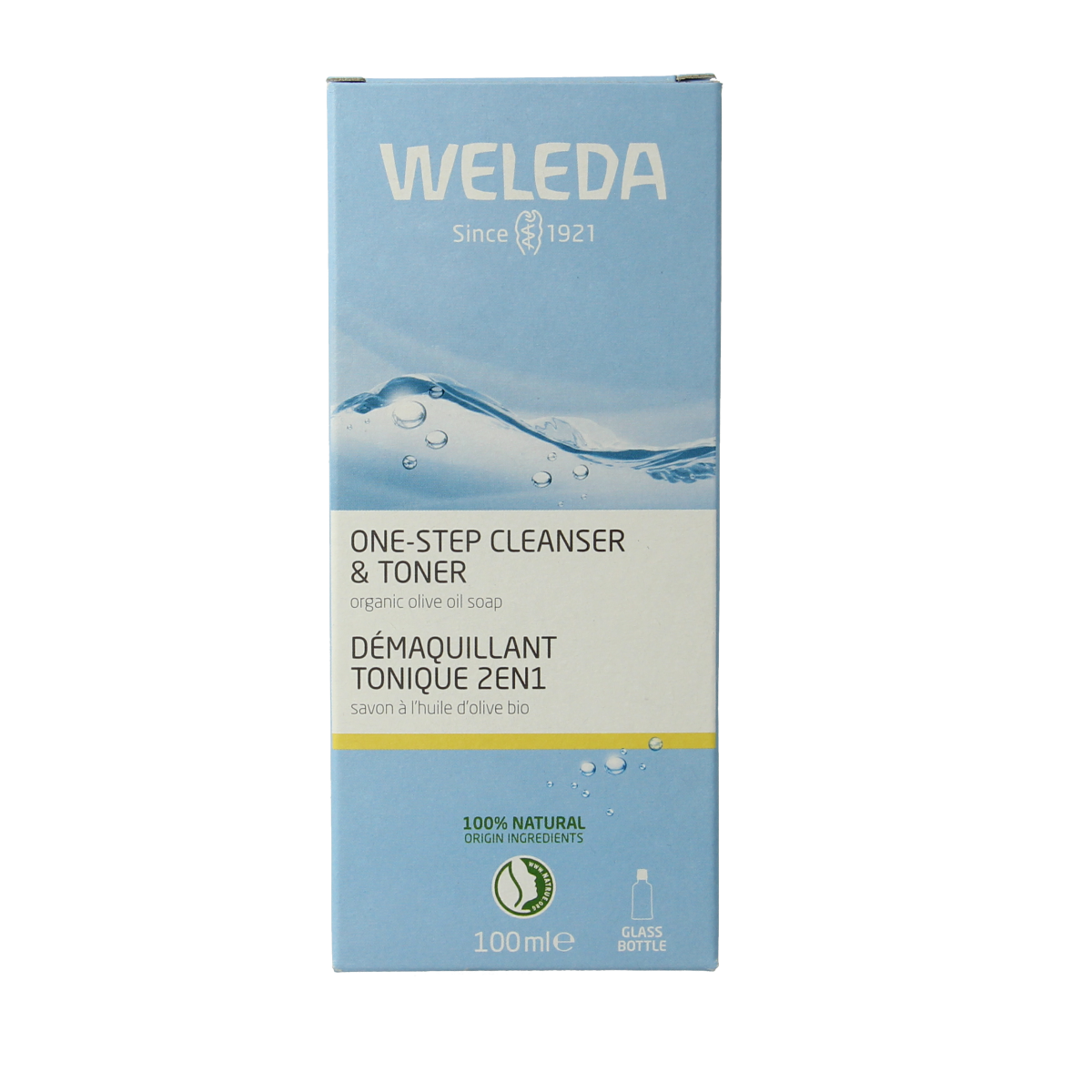 Weleda 2-in-1 facial cleanser and toner in a 100ml bottle, natural skincare product for refreshed and clean skin.