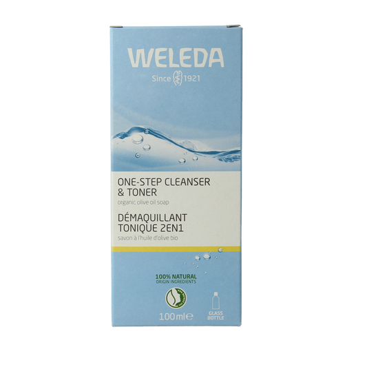 Weleda 2-in-1 facial cleanser and toner in a 100ml bottle, natural skincare product for refreshed and clean skin.