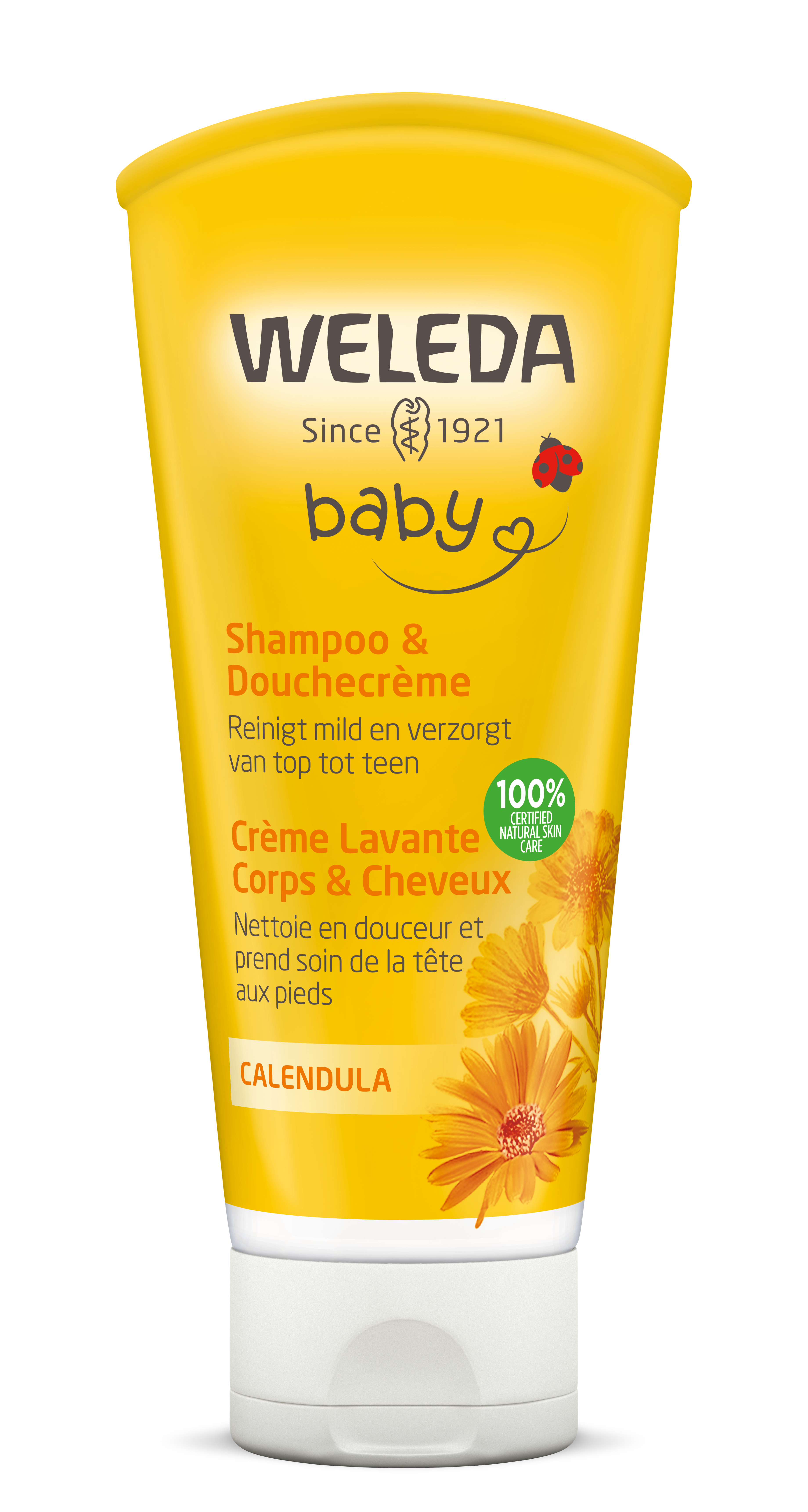 Weleda Calendula baby shampoo and douched cream in a 200ml bottle, gentle baby and toddler skincare product with calendula extract.