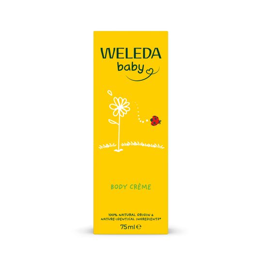 Weleda Calendula baby body cream in 75ml jar, gentle skincare for babies and toddlers, with calendula extract for sensitive skin.