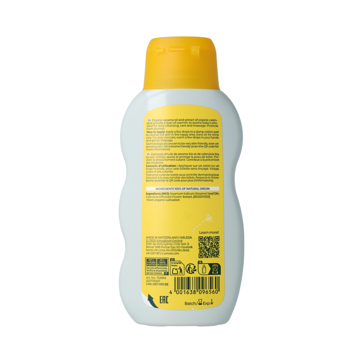 Weleda Calendula baby verzorgende olie in 200ml bottle, gentle baby and toddler skincare product with calendula extract.