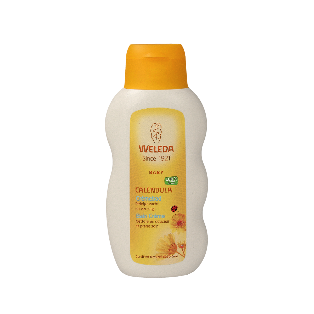 Weleda Calendula baby cremebad 200ml bottle, gentle baby and toddler care product for soothing skin cleansing.