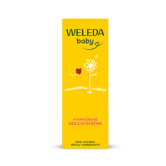 Weleda Calendula baby facial cream in a 50ml tube, gentle skincare product for delicate baby and toddler skin.