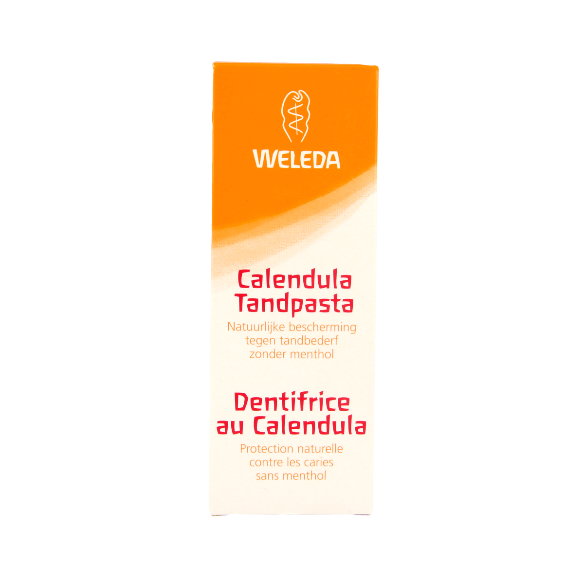 Weleda Calendula oral care toothpaste in a 75ml tube, free from mint, with a natural calendula herbal formula.