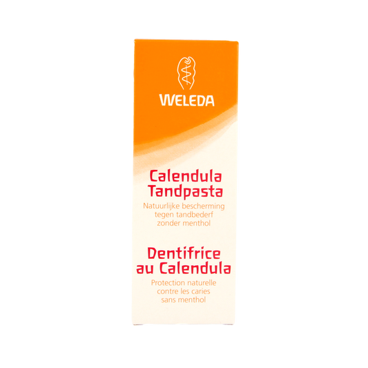 Weleda Calendula oral care toothpaste in a 75ml tube, free from mint, with a natural calendula herbal formula.