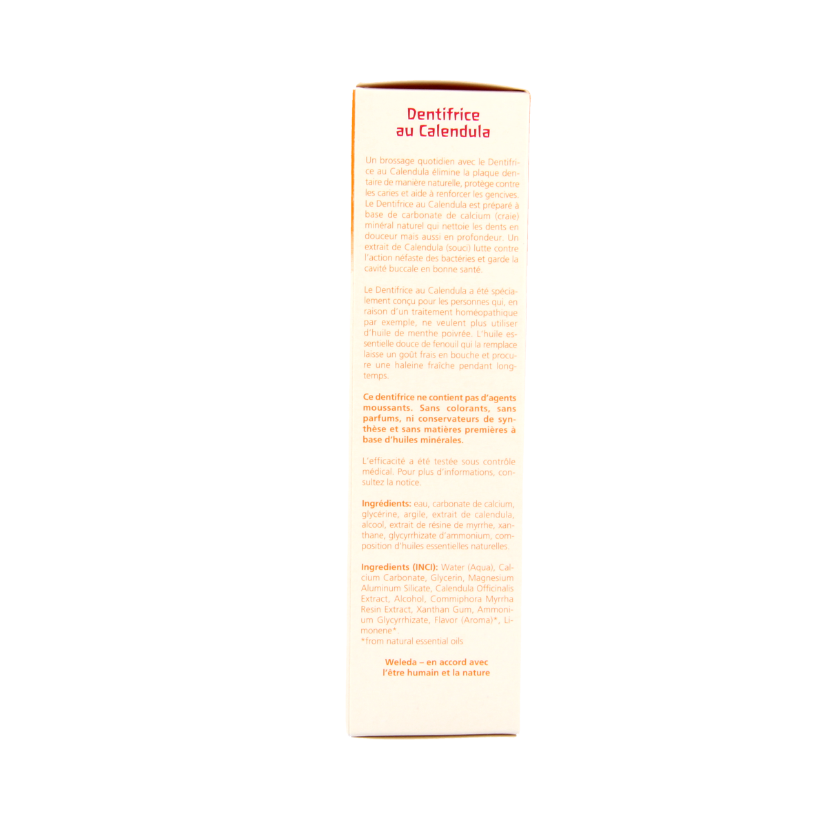 Weleda Calendula Oral Care toothpaste in a 75ml tube, natural fluoride-free toothpaste for gentle mouth cleansing.