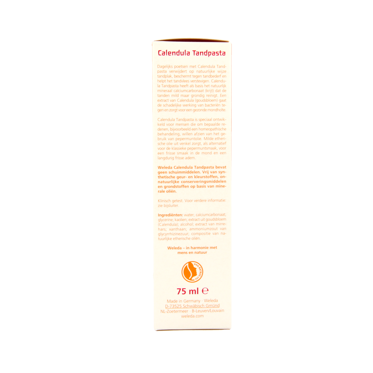 Weleda Calendula oral care toothpaste in a 75ml tube, natural fluoride-free toothpaste for gentle dental hygiene.