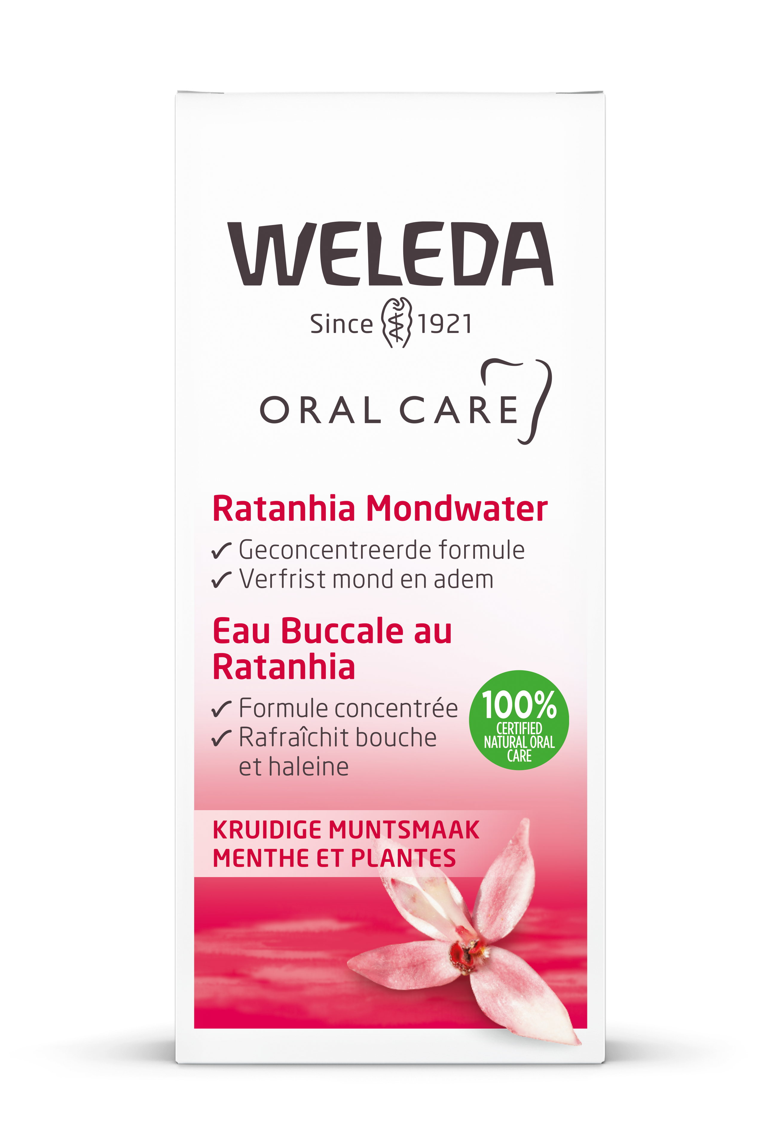 Weleda Ratanhia mouthwash in a 50ml bottle, natural oral care rinse with herbal ingredients, for fresh breath and oral hygiene.
