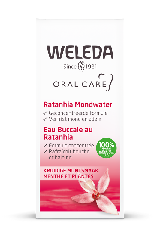 Weleda Ratanhia mouthwash in a 50ml bottle, natural oral care rinse with herbal ingredients, for fresh breath and oral hygiene.