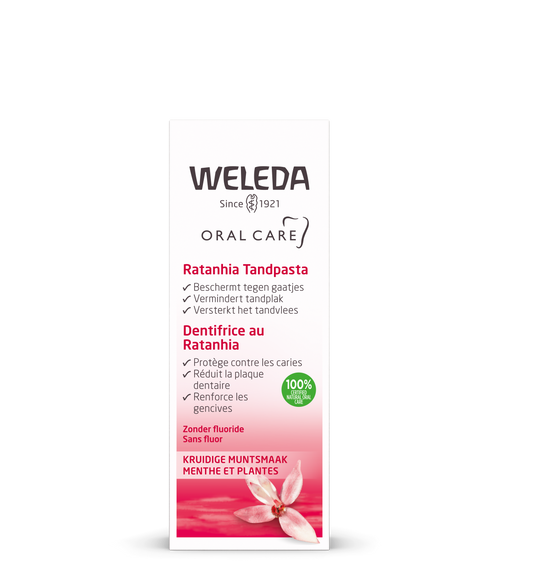 Weleda Ratanhia toothpaste 75ml tube, natural oral care product with herbal ingredients, displayed against a clean background.