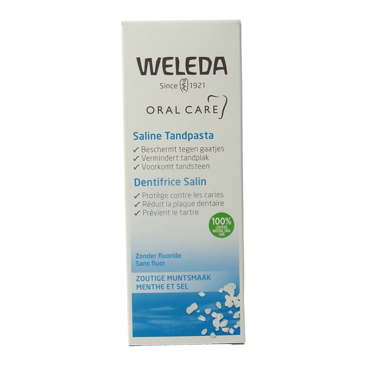 Weleda saline oral care toothpaste in a 75ml tube, designed for natural dental hygiene and fresh breath.