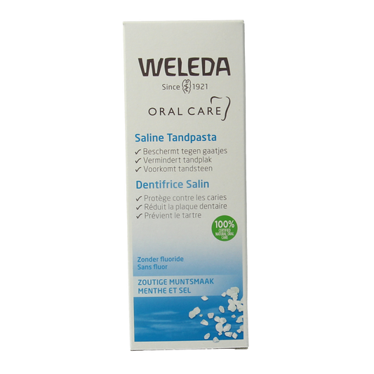 Weleda saline oral care toothpaste in a 75ml tube, designed for natural dental hygiene and fresh breath.