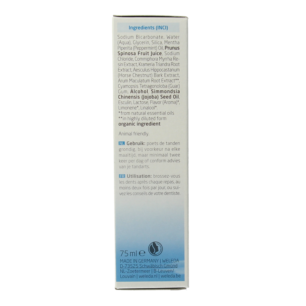 Weleda saline oral care toothpaste in 75ml tube, featuring natural ingredients for gentle dental hygiene.