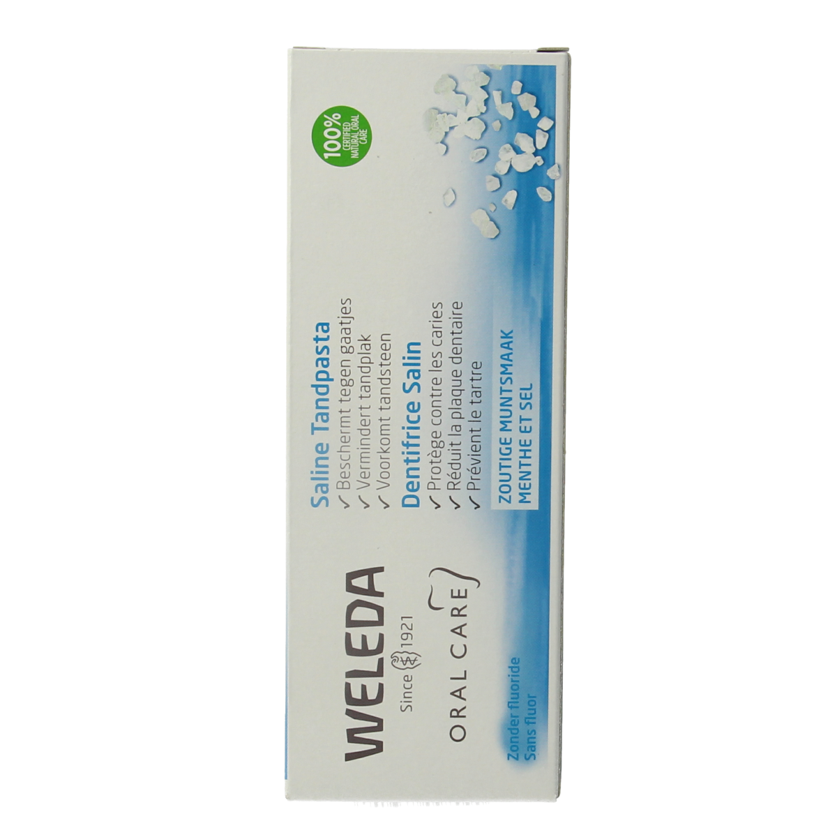 Weleda saline oral care toothpaste in a 75ml tube, natural herbal ingredients for gentle dental hygiene.