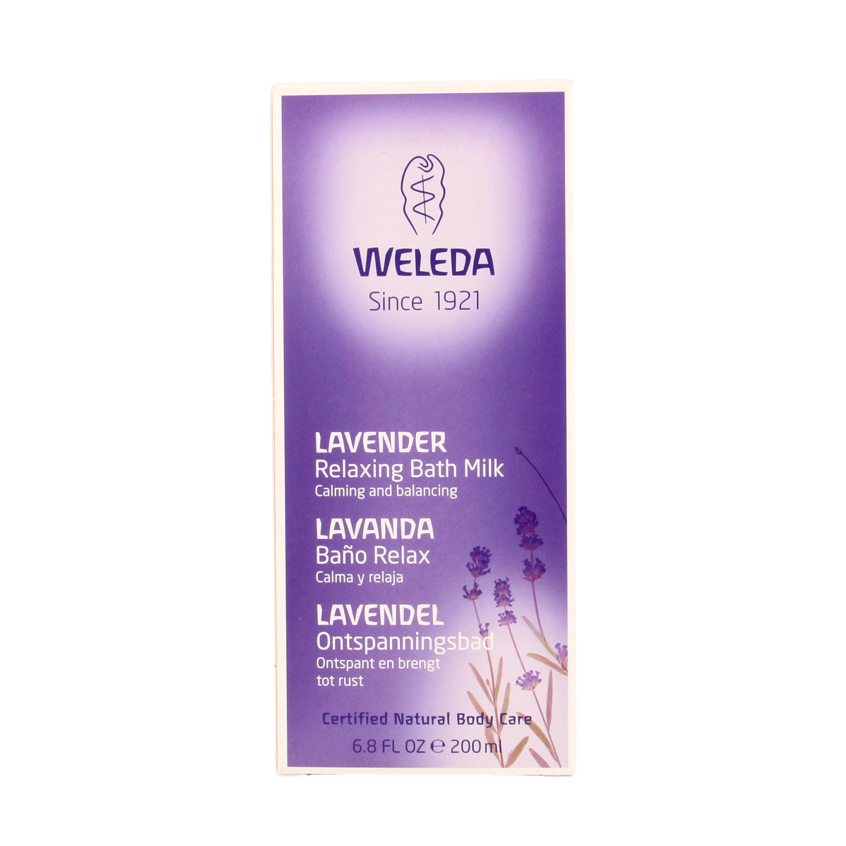 Weleda Lavender Relaxing Bath 200ml bottle, natural bath and shower product with lavender essential oil for soothing relaxation.
