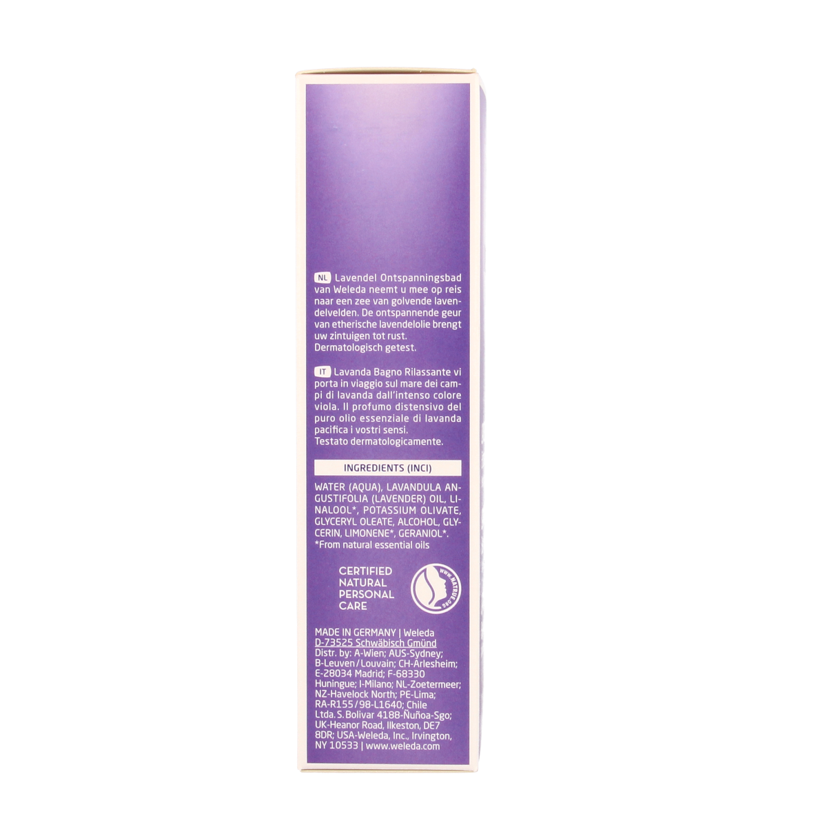 Weleda Lavendel ontspanningsbad bottle, 200ml, natural lavender bath and shower product with calming floral scent
