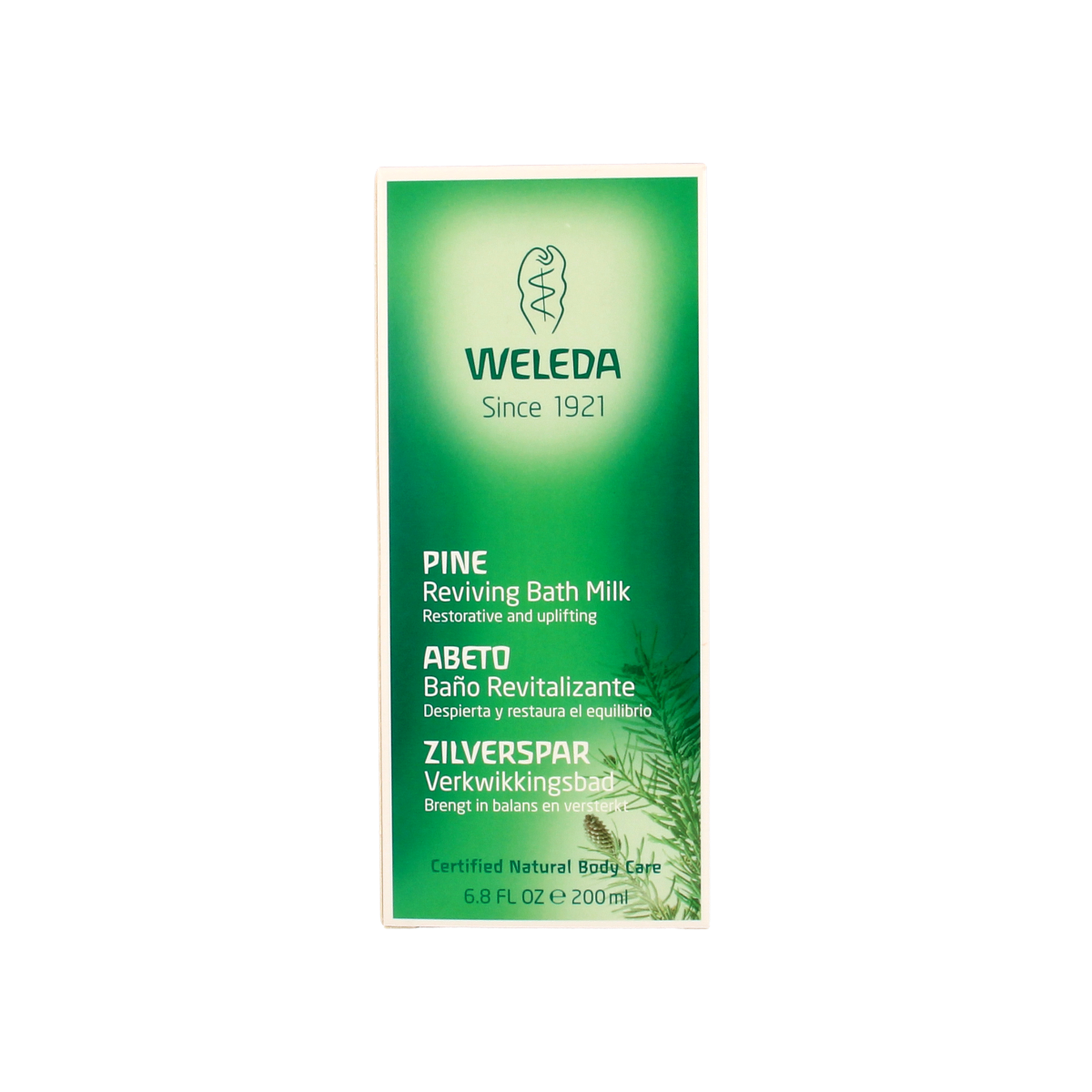 Weleda Zilverspar bad en douche bottle, 200ml, with a white cap and label featuring silver fir imagery, for invigorating bath and shower.