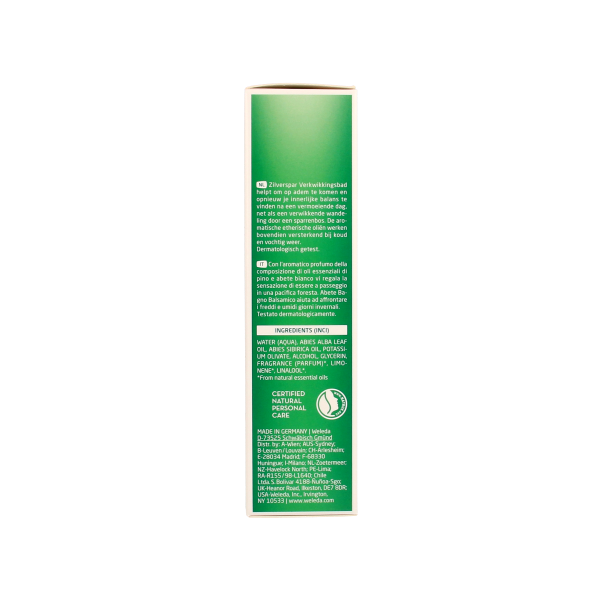 Weleda Zilverspar invigorating bath and shower gel in a 200ml bottle, with fresh evergreen scent and clear liquid inside.