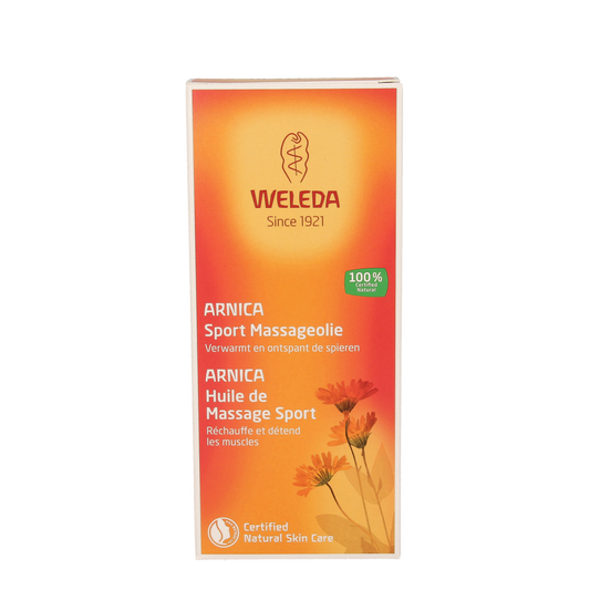 Weleda Arnica sport massage oil in 200ml bottle, ideal for body care and muscle relief, with natural arnica extract for soothing massage.