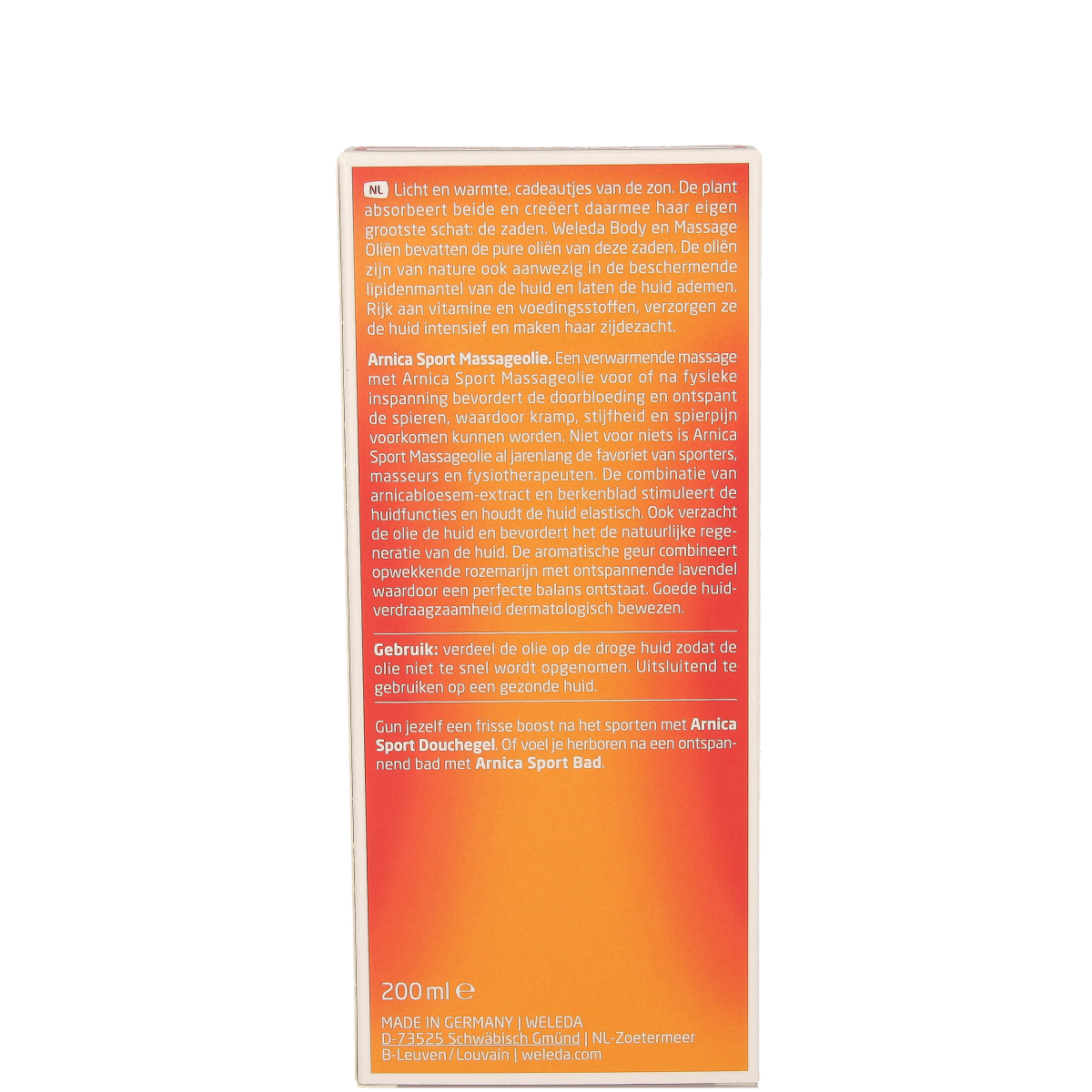 Weleda Arnica sport massage oil 200ml bottle, natural body care product for muscle relief and soothing massage.