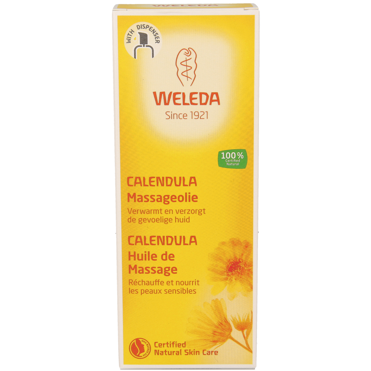 Bottle of Weleda Calendula massage oil for body care, 100ml, with a natural herbal scent and calming appearance.