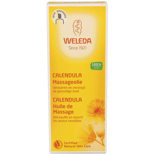 Bottle of Weleda Calendula massage oil for body care, 100ml, with a natural herbal scent and calming appearance.
