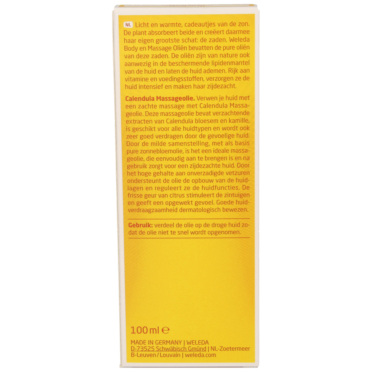 Weleda Calendula massage oil in a 100ml bottle, suitable for body care and soothing skin massage.