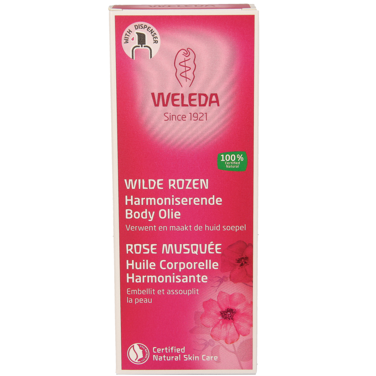 Weleda Wilde Rozen harmoniserende lichaamsolie in een 100 ml fles, geschikt voor lichaamsverzorging en ontspanning.