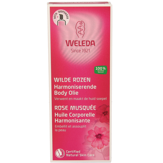 Weleda Wilde Rozen harmoniserende lichaamsolie in een 100 ml fles, geschikt voor lichaamsverzorging en ontspanning.