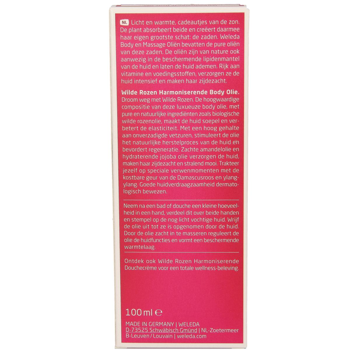 Weleda Wilde Rozen harmoniserende bodyolie in 100ml bottle, natural floral body care product for nourishing skin.