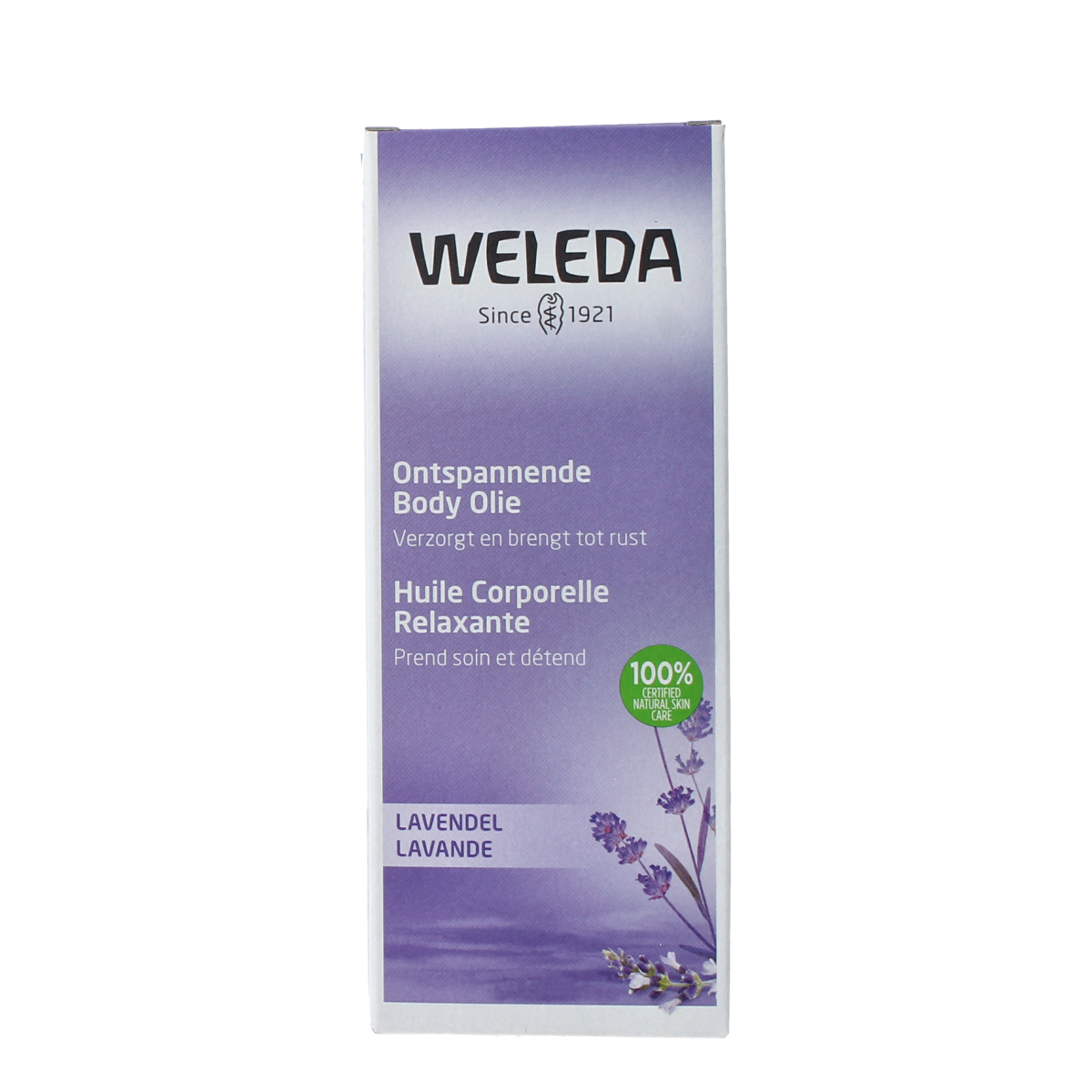 Weleda Lavendel ontspannende body olie in 100ml bottle, showcasing the calming lavender-infused body care product.