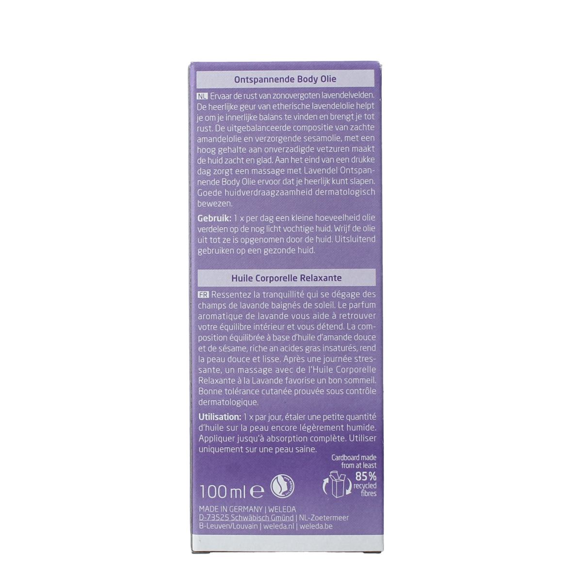 Weleda Lavendel ontspannende body olie in 100ml bottle, natural lavender body care product for relaxation and skin nourishment.